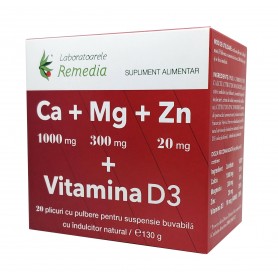Vitamina D3, Calciu, Magneziu, Zinc, 20 dz Remedia