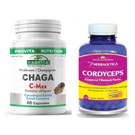 Chaga C-Max, 60 capsule + Cordyceps 10/30/1 Ciuperca Tibetana Forte 120 cps