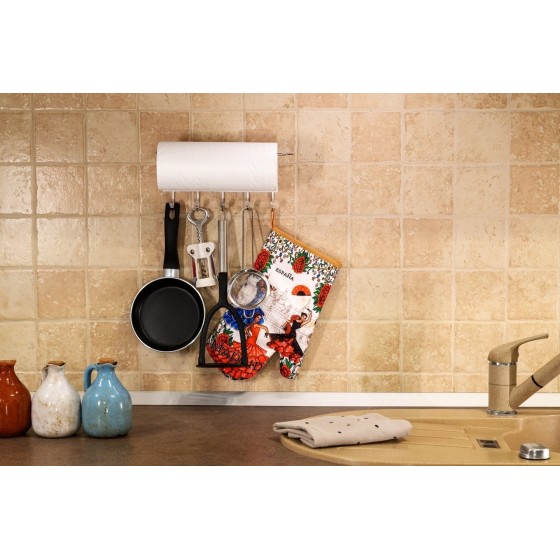 Suport prosop hârtie cu 5 cârlige – montaj fără găuri, elegant, durabil și perfect pentru bucătărie