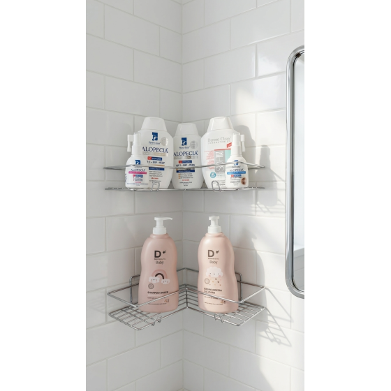 Set 2 etajere de colț pentru baie – montaj prin lipire, fără găurire, design modern și durabil